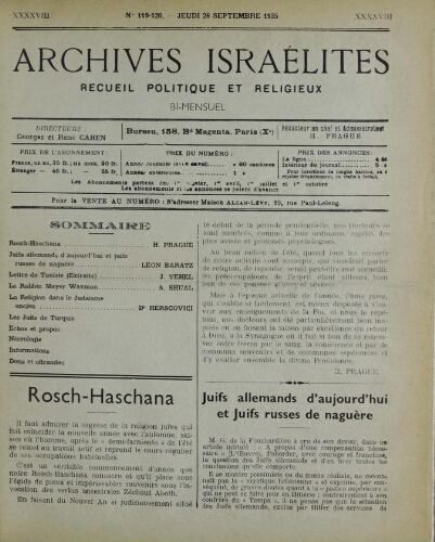 Archives israélites de France. Vol.98 N°119-120 (26 sept. 1935)